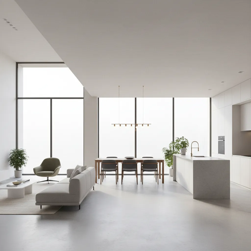 Open residential house layout showing functional zones living room kitchen and dining