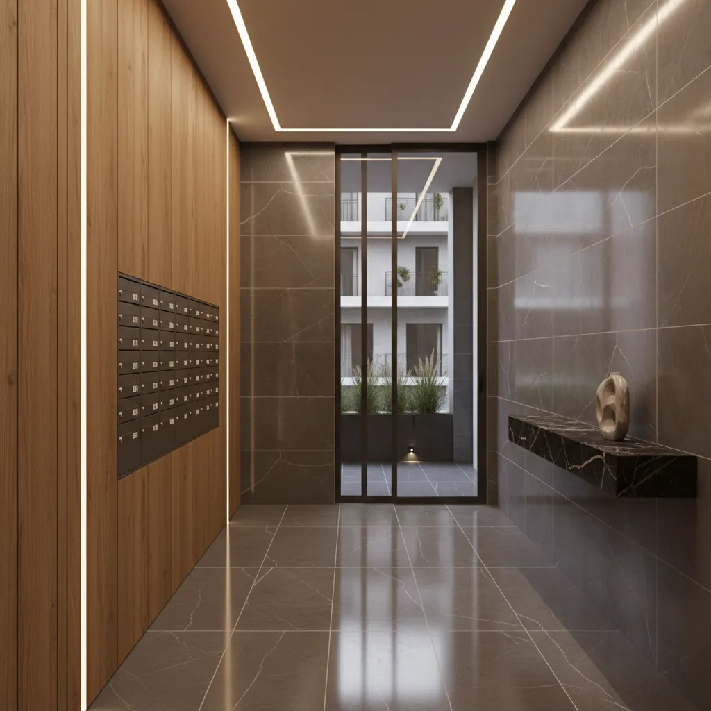 Detalle de materiales en portal residencial con madera y porcelánico