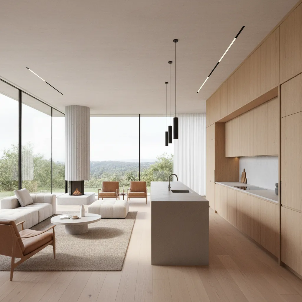 Open plan residential living room with structural column integrated into wall