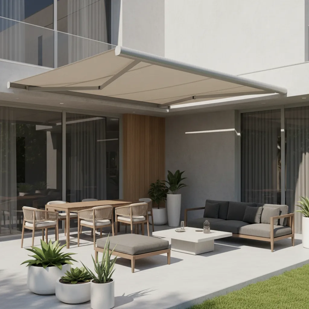 modern house patio with extended awning providing shade over seating area