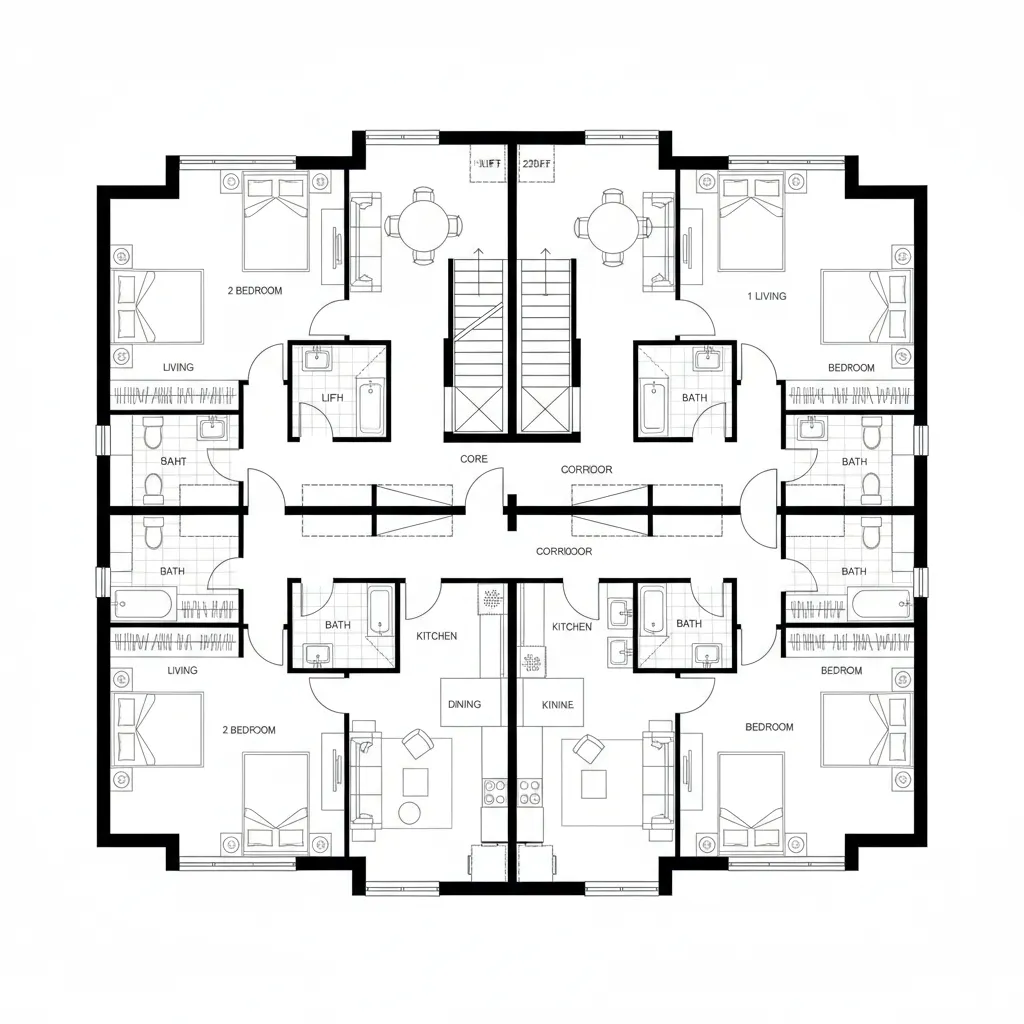 Floor plan layout of a building with multiple apartments showing bedrooms bathrooms kitchens and living rooms