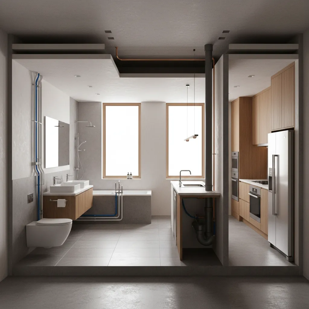 Residential bathroom and kitchen plumbing layout visualization