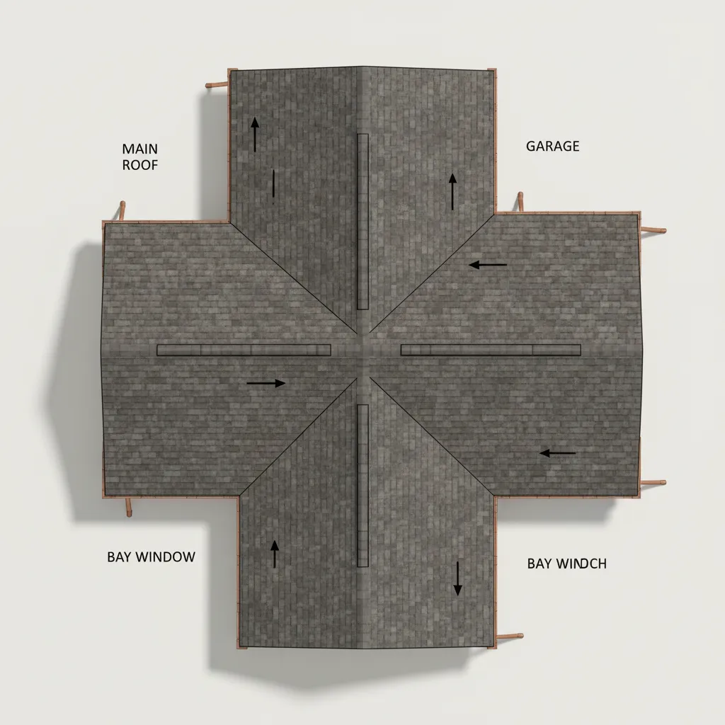 Residential roof plan showing ridges valleys and slope directions