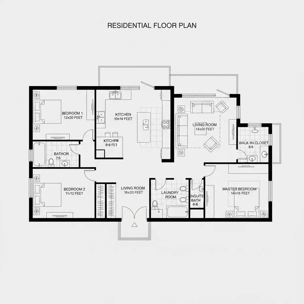 Example residential floor plan rooms with labeled dimensions like 12 by 14 feet bedroom