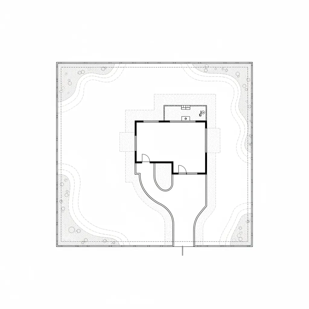 Residential site plan drawing showing house footprint, property lines, and perimeter fencing layout