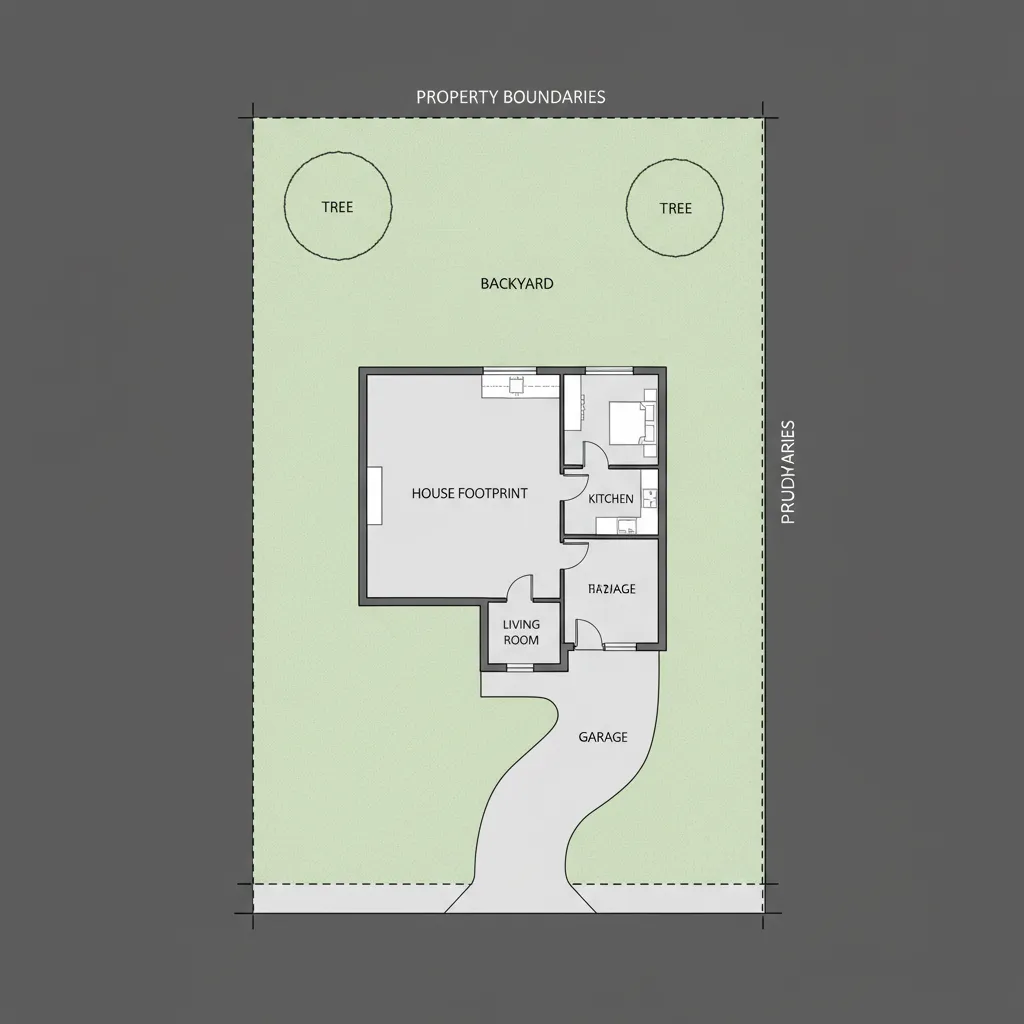 Residential property site plan showing house footprint driveway and property boundaries