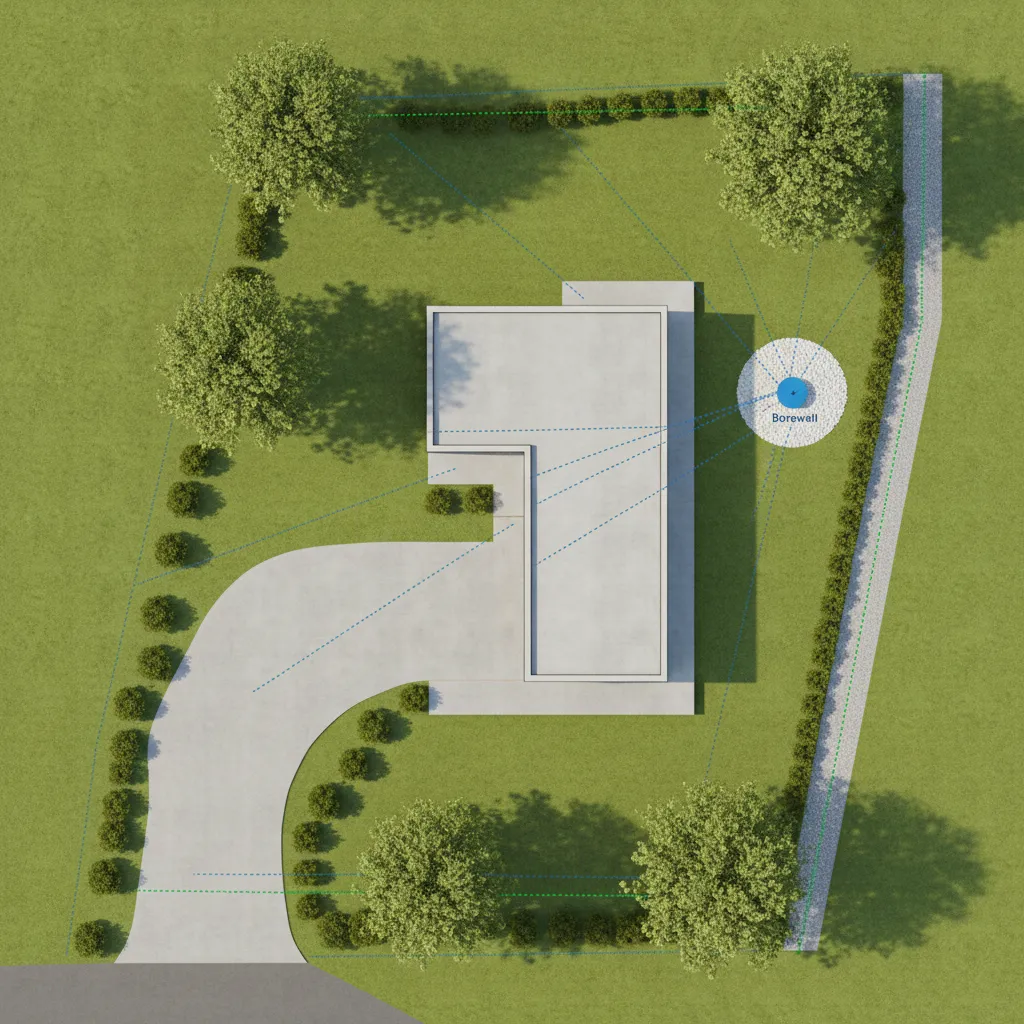 Top view of a modern house with a green yard trees driveway and a water well