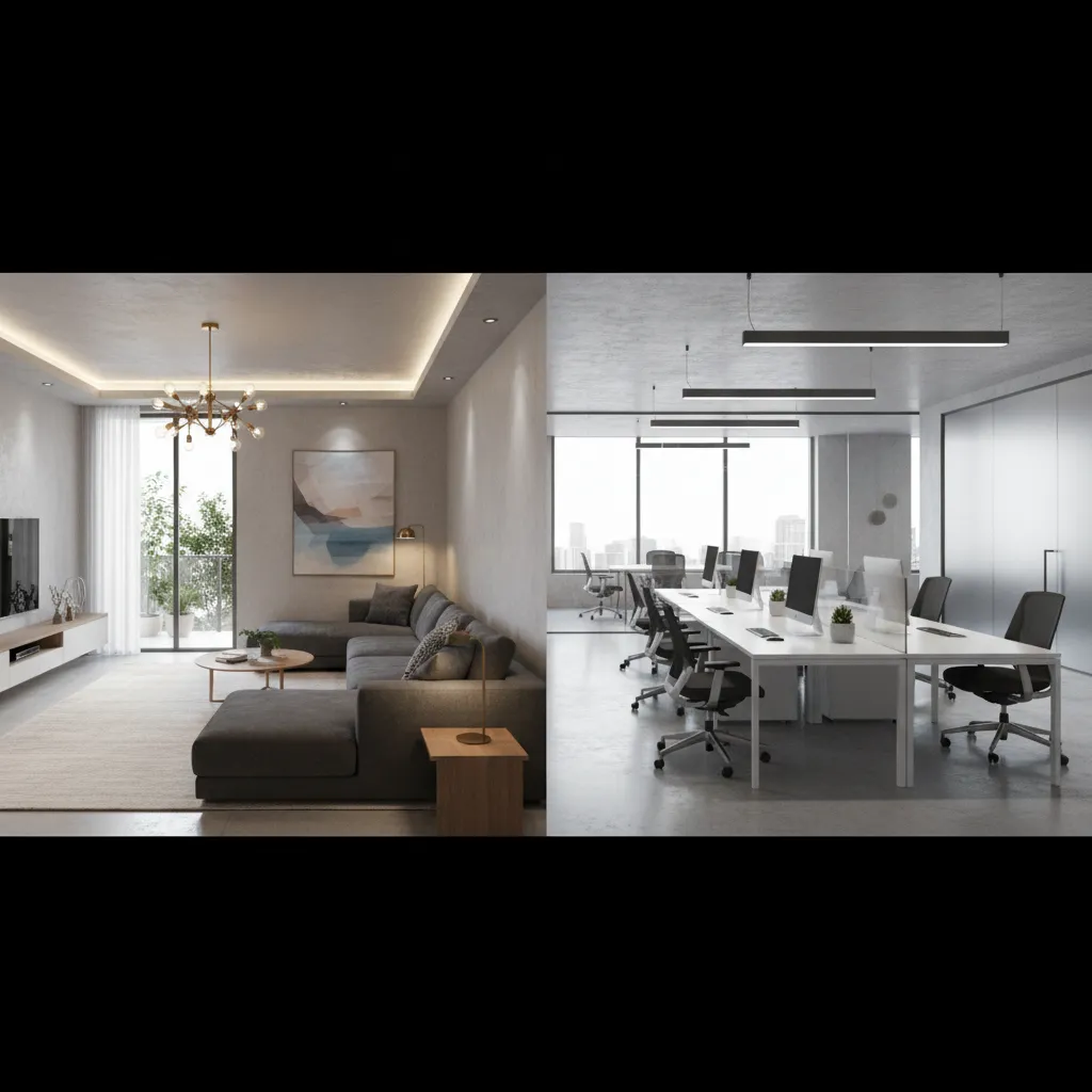 Split view showing residential living room design and commercial office interior layout