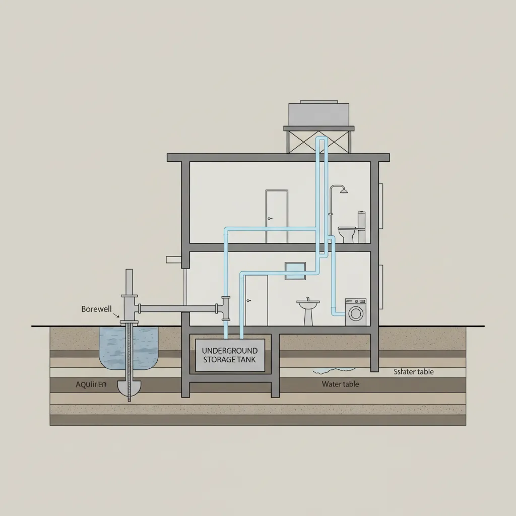 Cross section diagram showing a house water system with borewell underground tank and roof tank