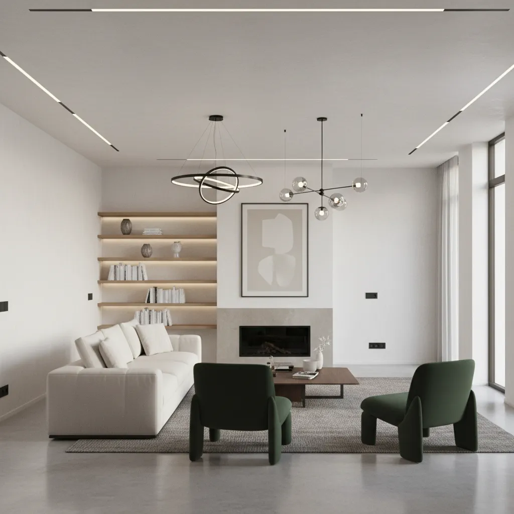 Finished residential interior showing outlets switches and lighting after electrical installation