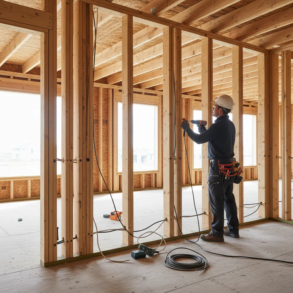 electrician installing electrical wiring through wooden wall studs in new house construction