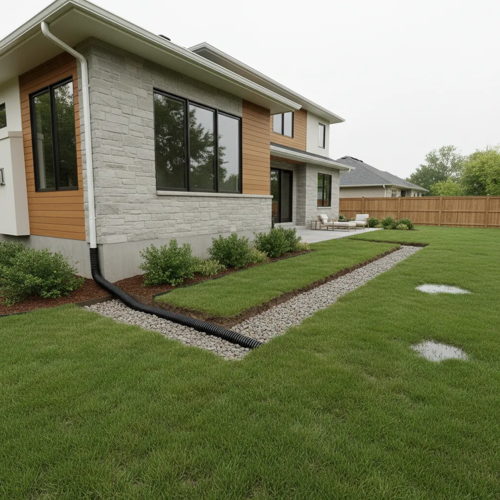 Residential backyard drainage system with grading and french drain