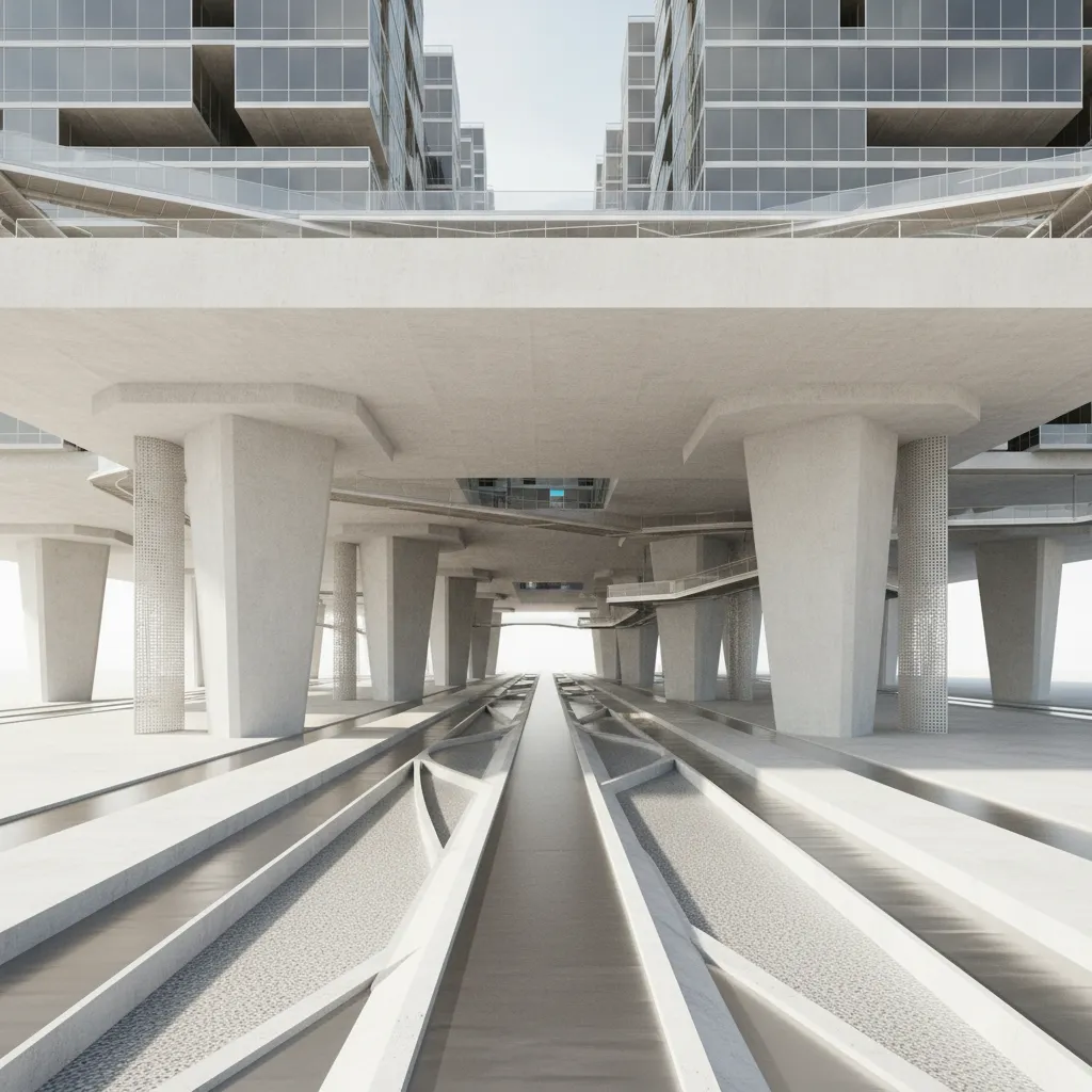 Modern architectural rendering showing large concrete pillars supporting a tall building with glass windows above