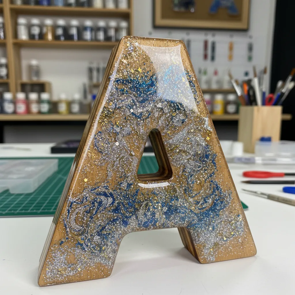 wooden letter coated with clear epoxy resin glossy finish