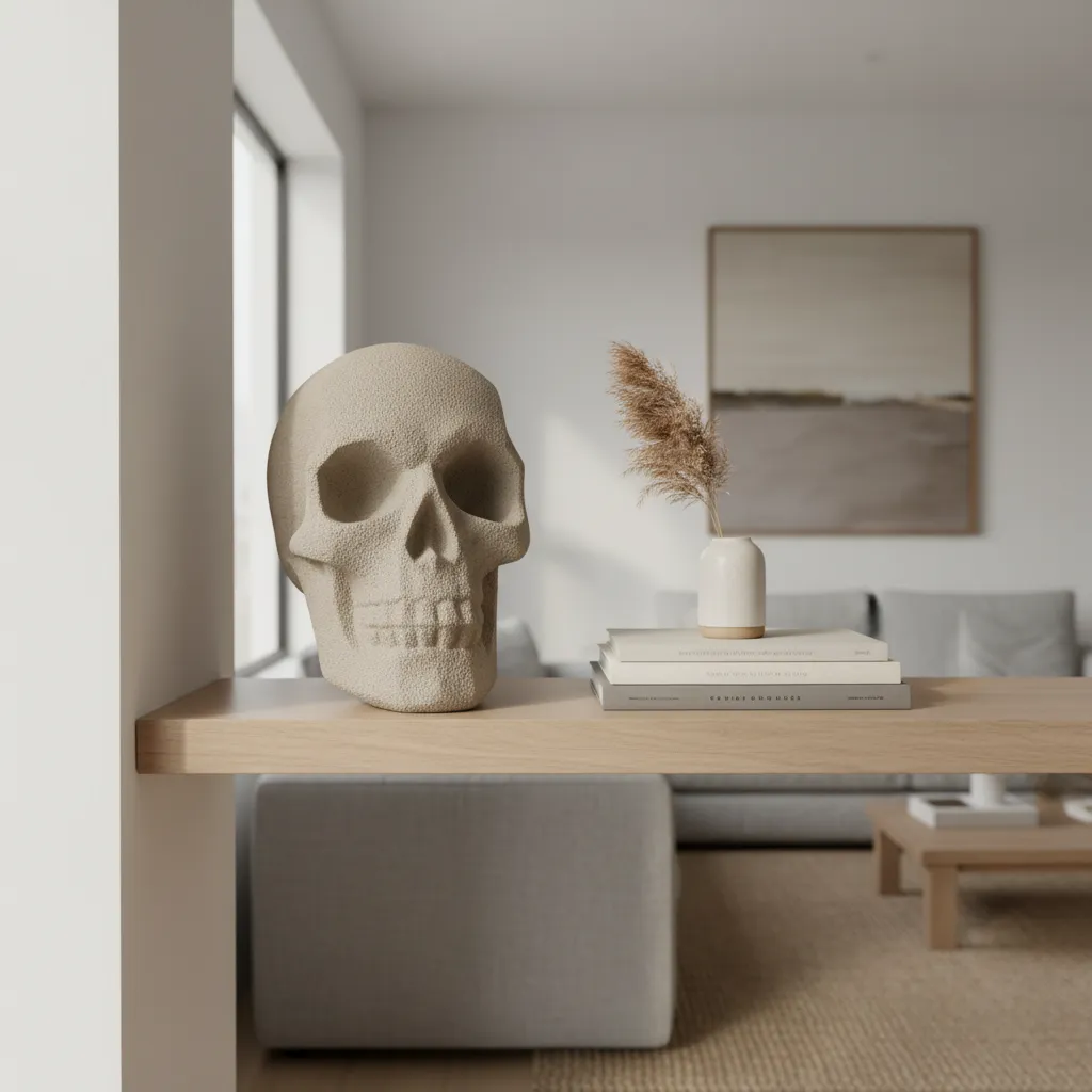 resin decorative skull sculpture displayed on modern living room shelf
