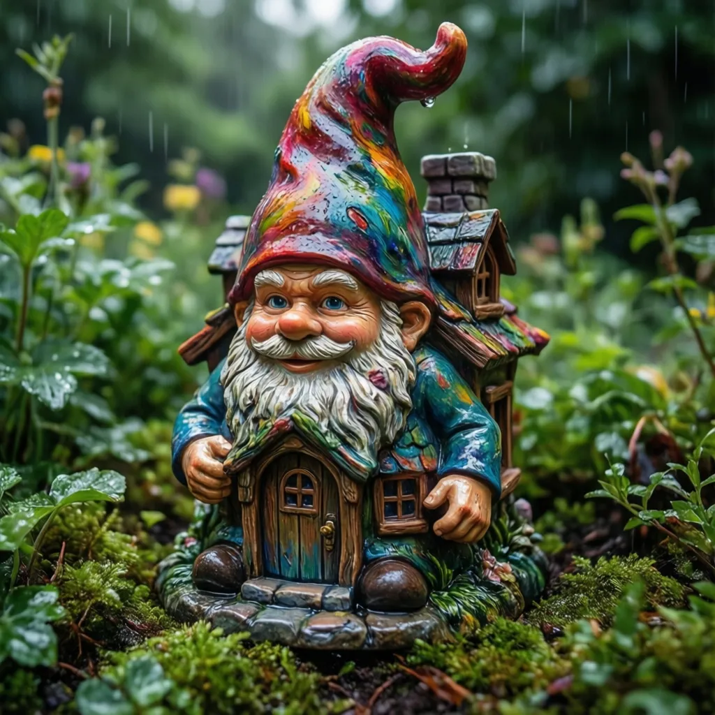 colorful resin gnome house in a garden resistant to rain