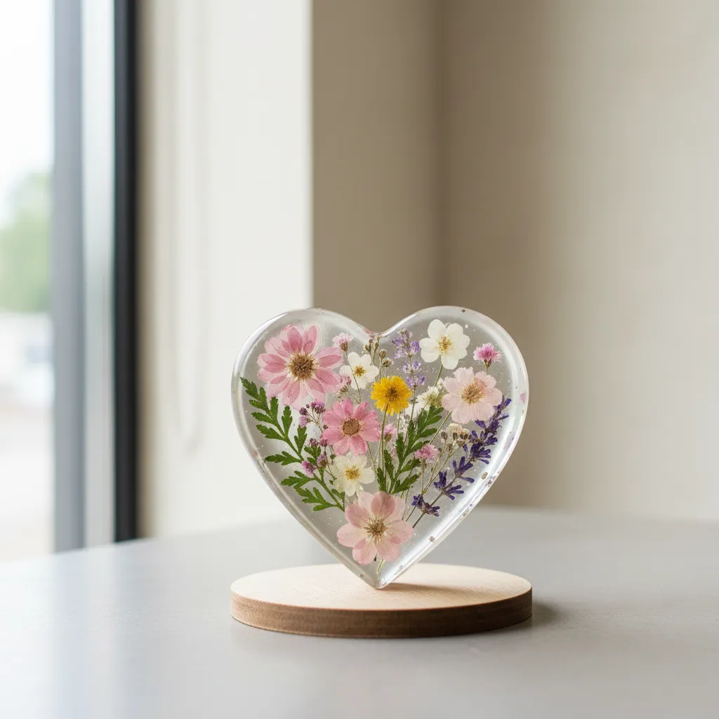 colorful glossy resin heart decoration with embedded flowers