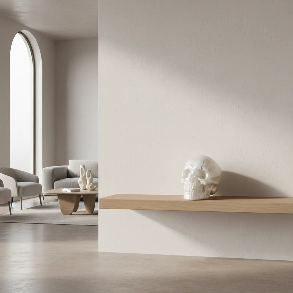 Modern resin skull decor sculpture placed on minimalist shelf