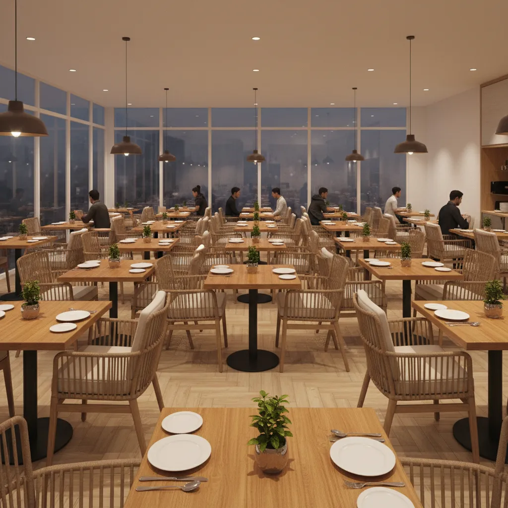 Restaurant dining area featuring durable resin wicker dining chairs arranged around tables