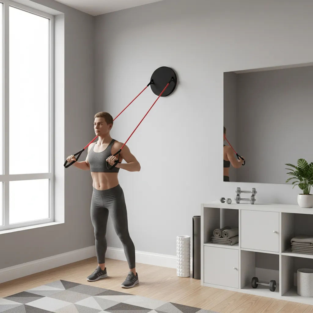 Resistance bands workout setup mounted on wall in small home gym