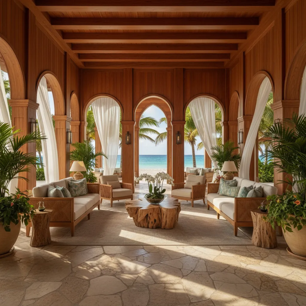 Interior de resort caribeño con materiales naturales