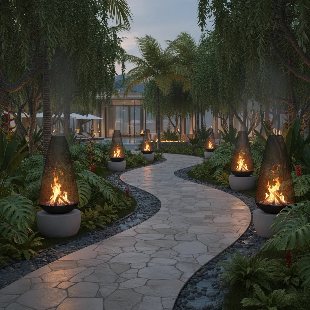 Resort garden pathway with decorative chiminea fire features at night