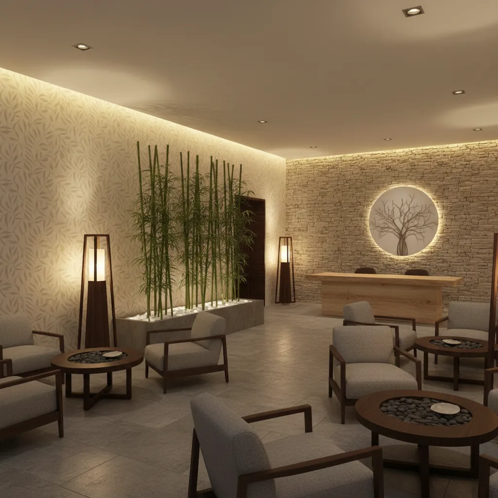 Resort spa lounge with elegant moisture resistant wallpaper