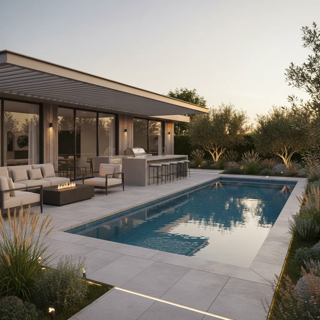 modern backyard layout with pool patio seating and outdoor kitchen