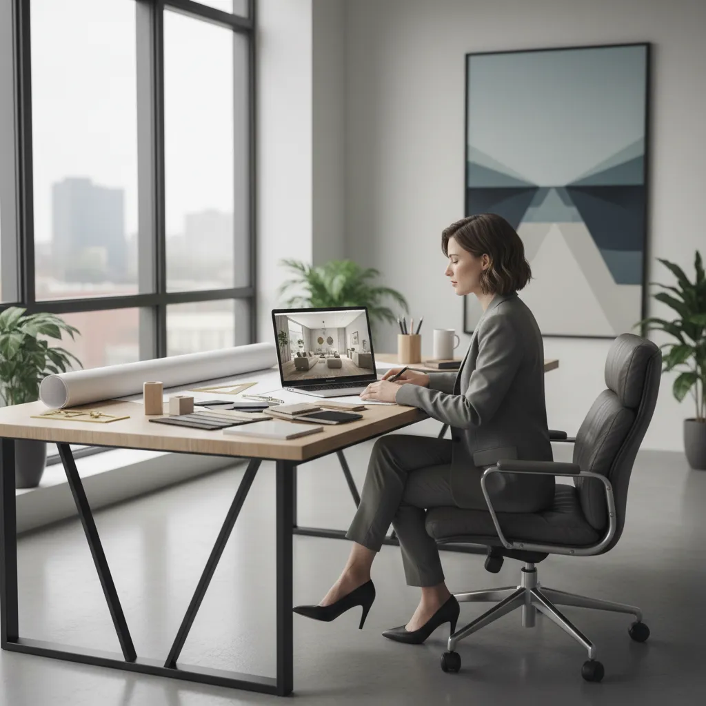 Professional interior designer sitting at wooden desk working on laptop displaying living room layout design