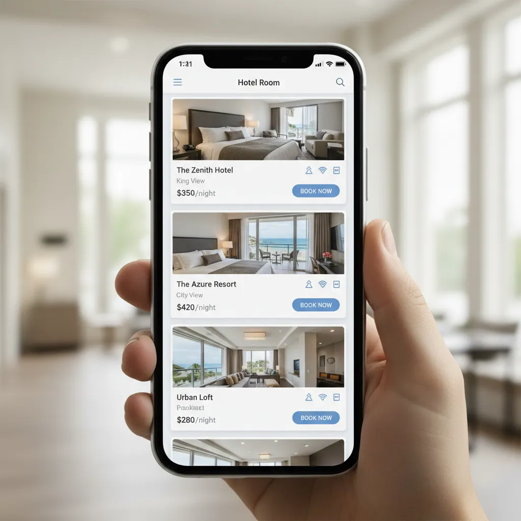 Responsive mobile version of card based hotel room layout stacked vertically