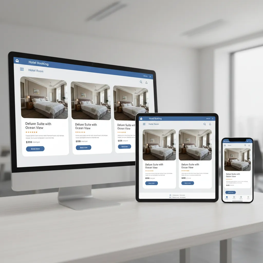 Responsive hotel room listing layout displayed on desktop tablet and smartphone screens