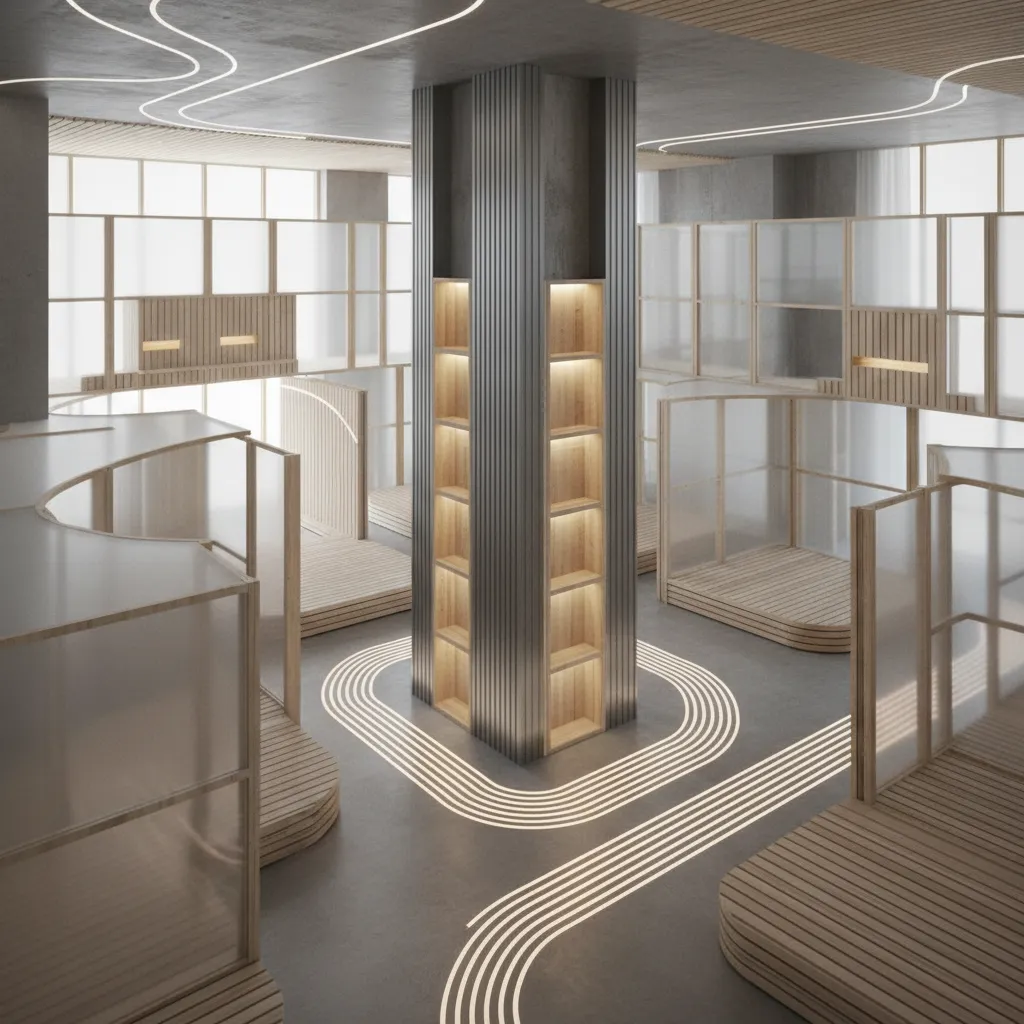 Modern interior design drawing with wooden shelving light fixture and curved glowing lines on floor area