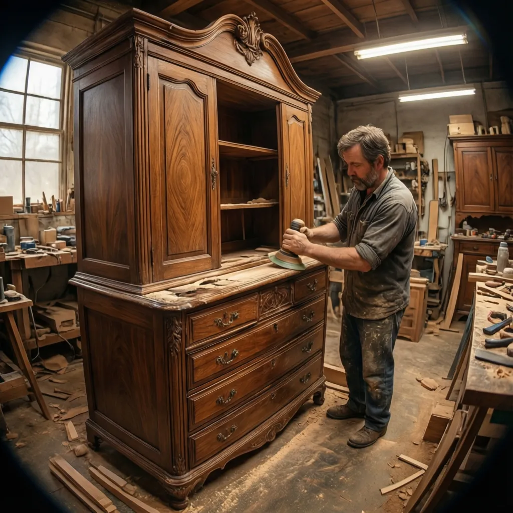 A carpenter sanding a large vintage wooden cabinet in a workshop to restore wood surface