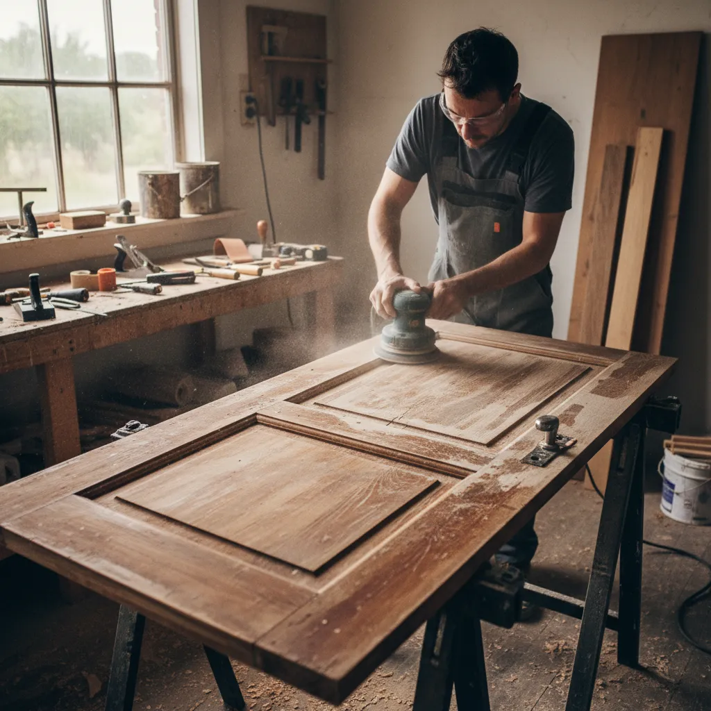 Proceso de lijado y restauración de una puerta de madera antigua