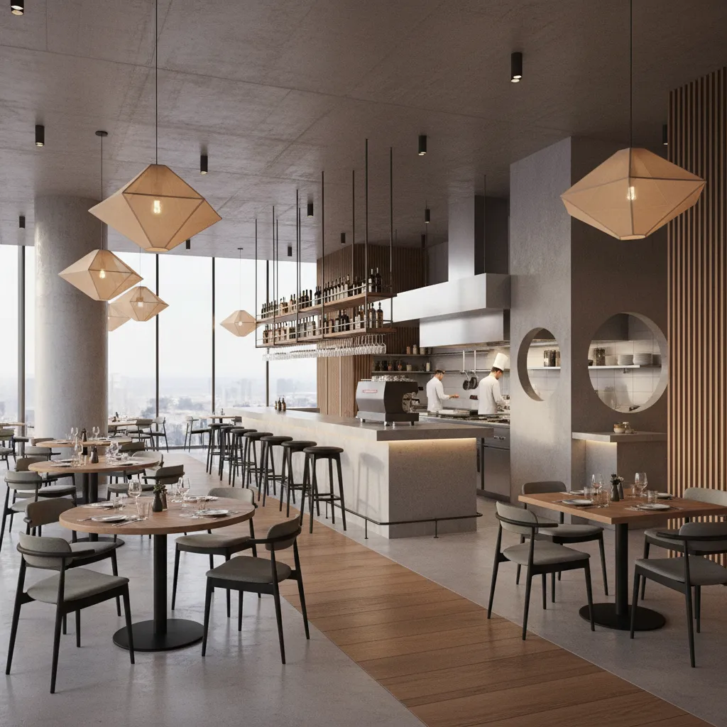 Visualización 3D de la distribución interior de un restaurante contemporáneo