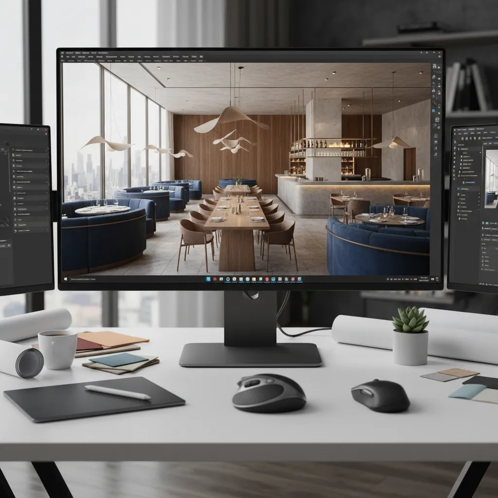 Visualización 3D del diseño interior de un restaurante