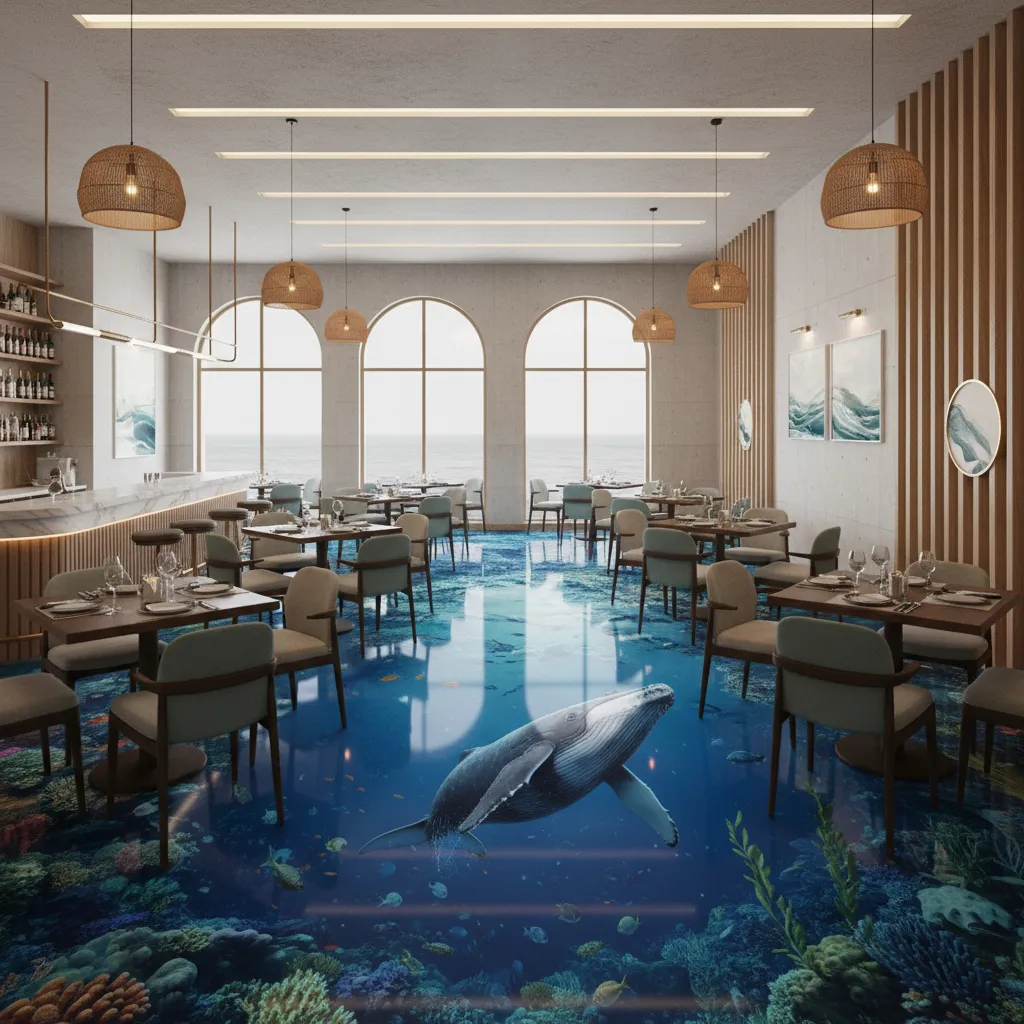 Modern restaurant interior with ocean style 3D epoxy flooring