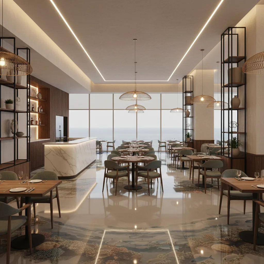 Modern restaurant with wooden tables, green chairs, marble counter, ceiling lights, and ocean floor design