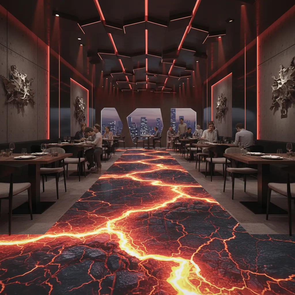 Themed restaurant interior with lava illusion 3D floor graphic over concrete