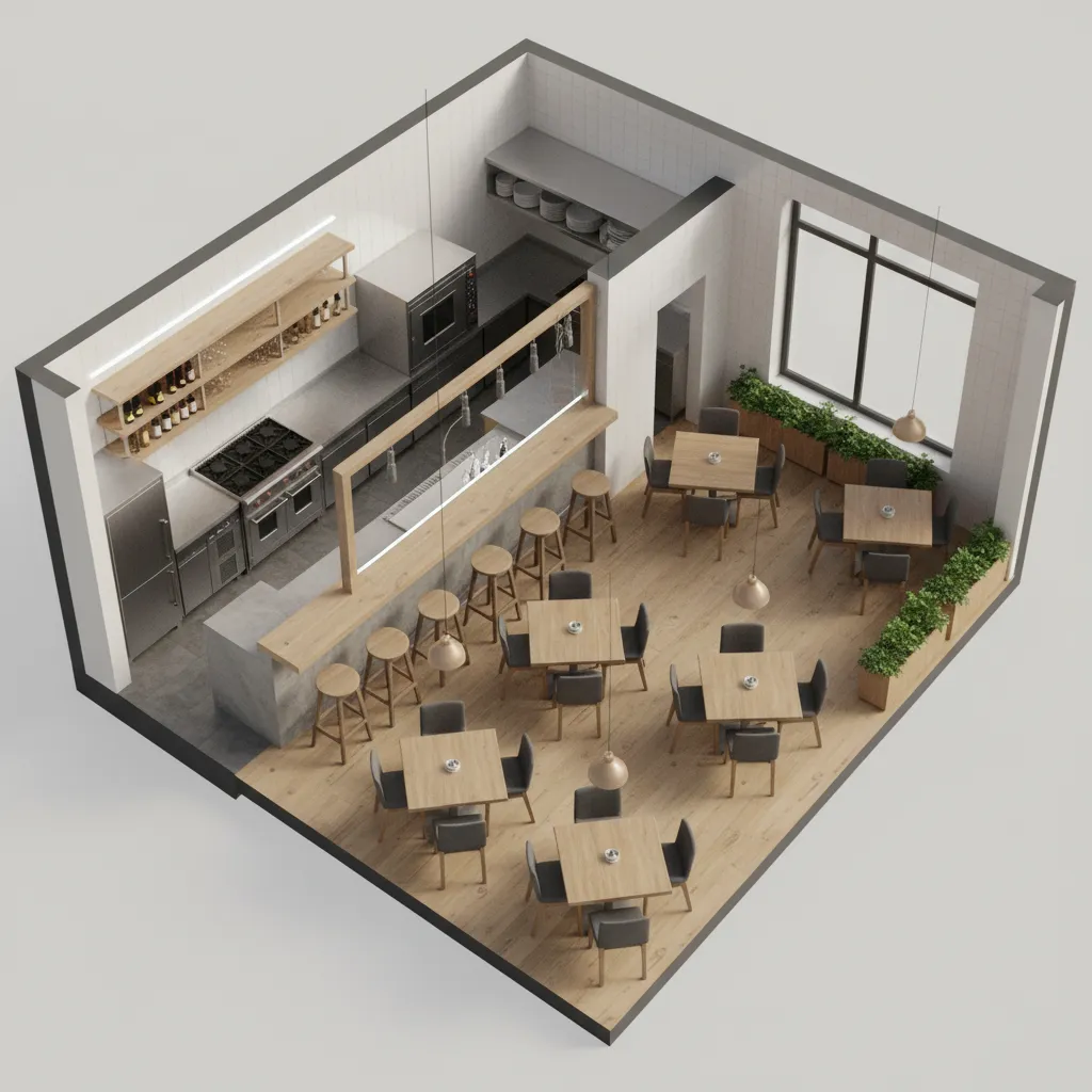 3D interior design drawing showing a restaurant with kitchen counter stools and wooden square tables