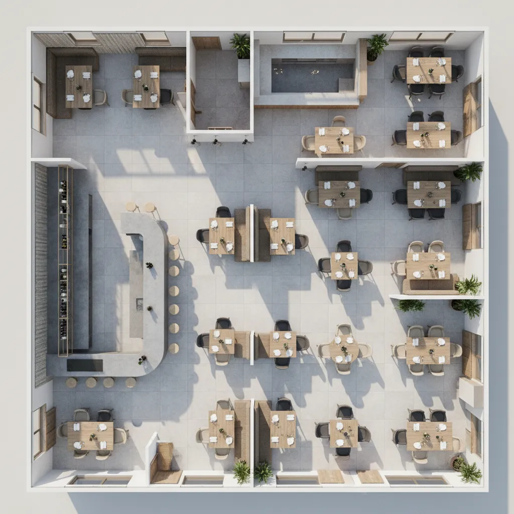3d floor plan visualization of restaurant seating layout and circulation paths
