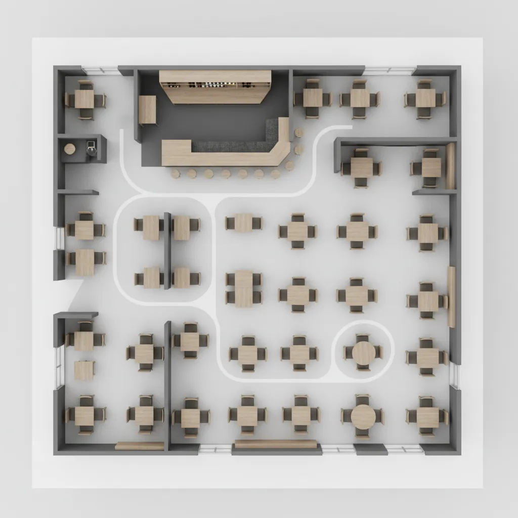 Interior design drawing showing top view restaurant room layout with wooden tables and bar area
