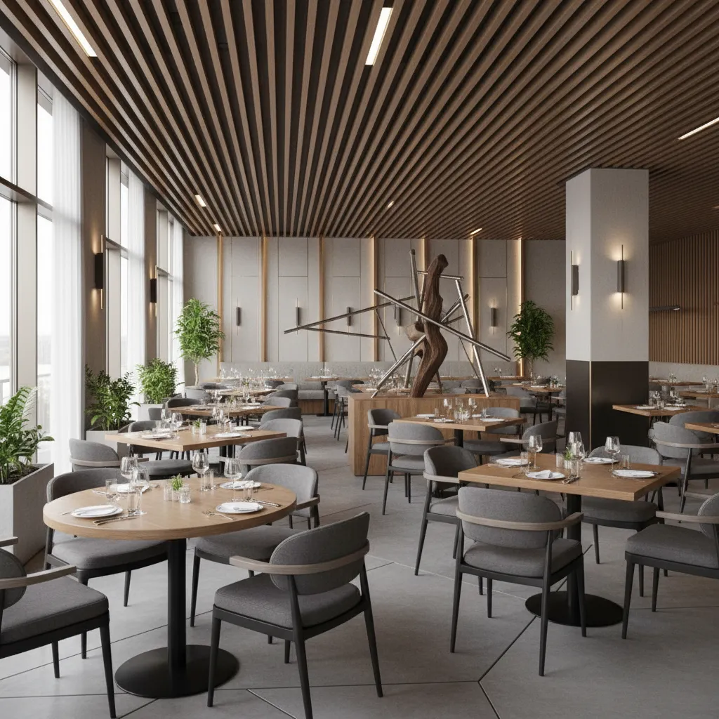 Modern restaurant interior with wooden slat ceiling, grey chairs, wooden tables and a large sculpture
