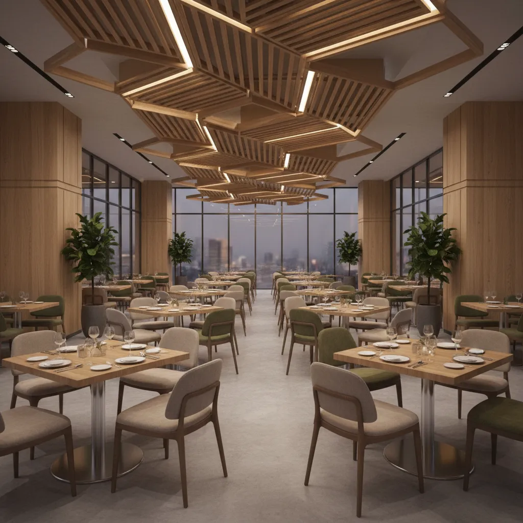 3D visualization of restaurant dining area with tables lighting and seating arrangement