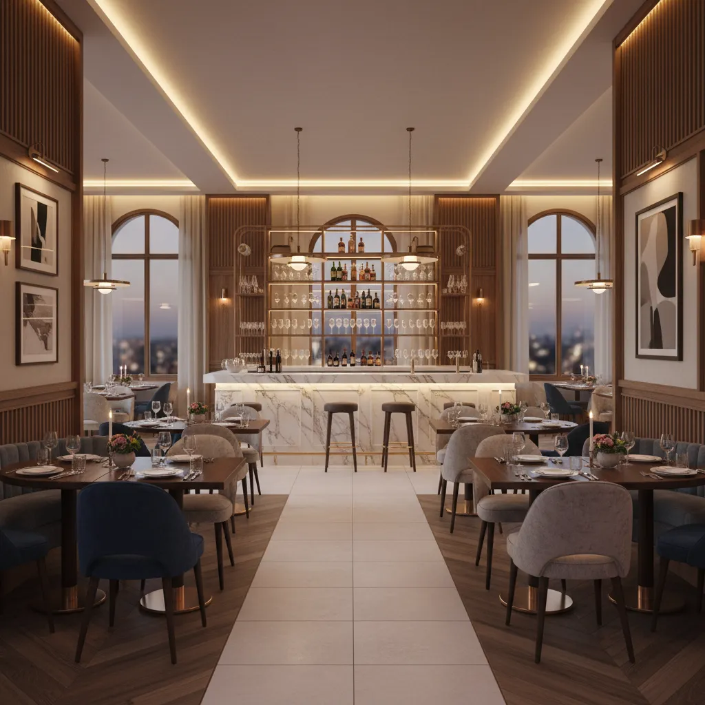 Render fotorrealista de un restaurante diseñado digitalmente