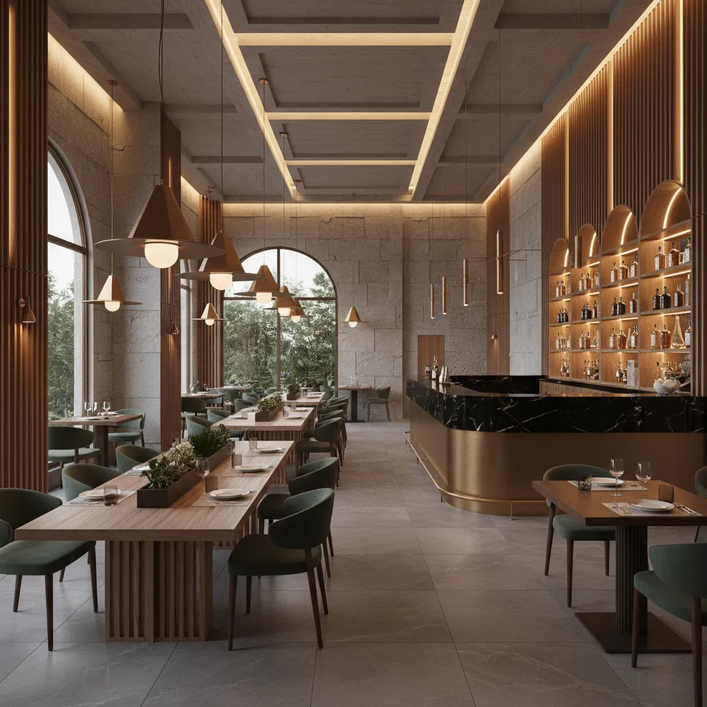 Modern restaurant with long wooden tables green chairs black bar counter and gold ceiling lights