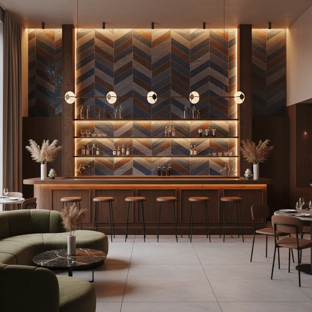 Restaurant accent wall featuring chevron tile pattern behind bar counter