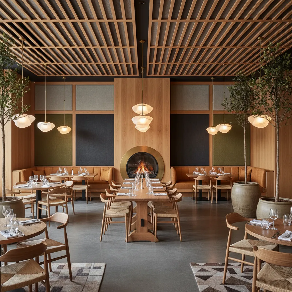 Interior de restaurante con paneles acústicos y diseño cálido
