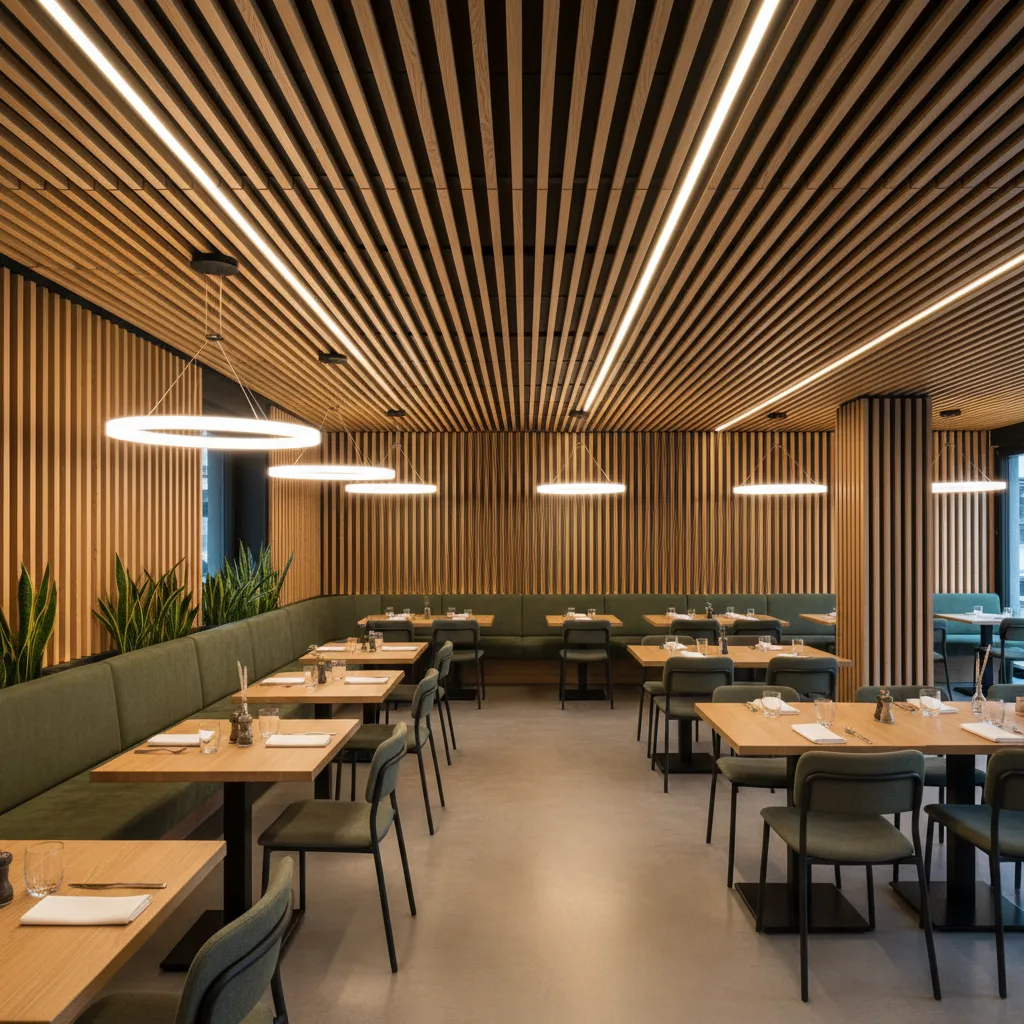 Modern restaurant with green booth seating, wooden wall panels, wooden tables and circular ceiling lights