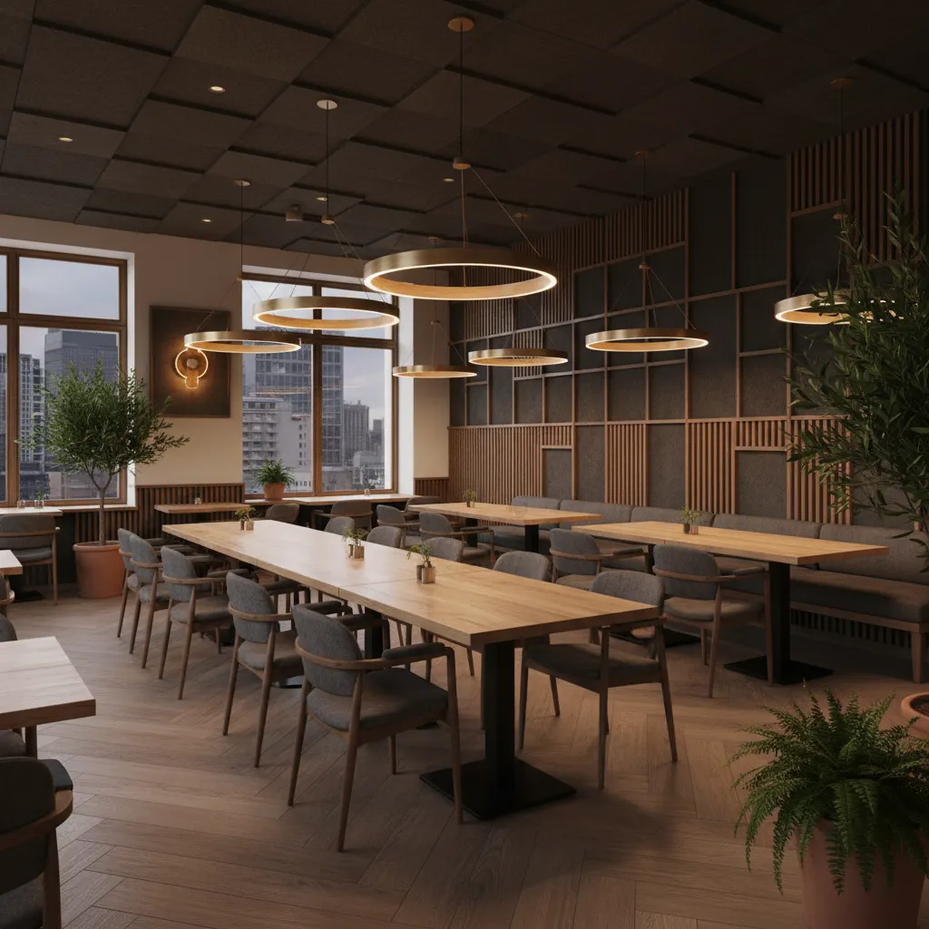 Interior de restaurante con paneles acústicos y diseño cálido